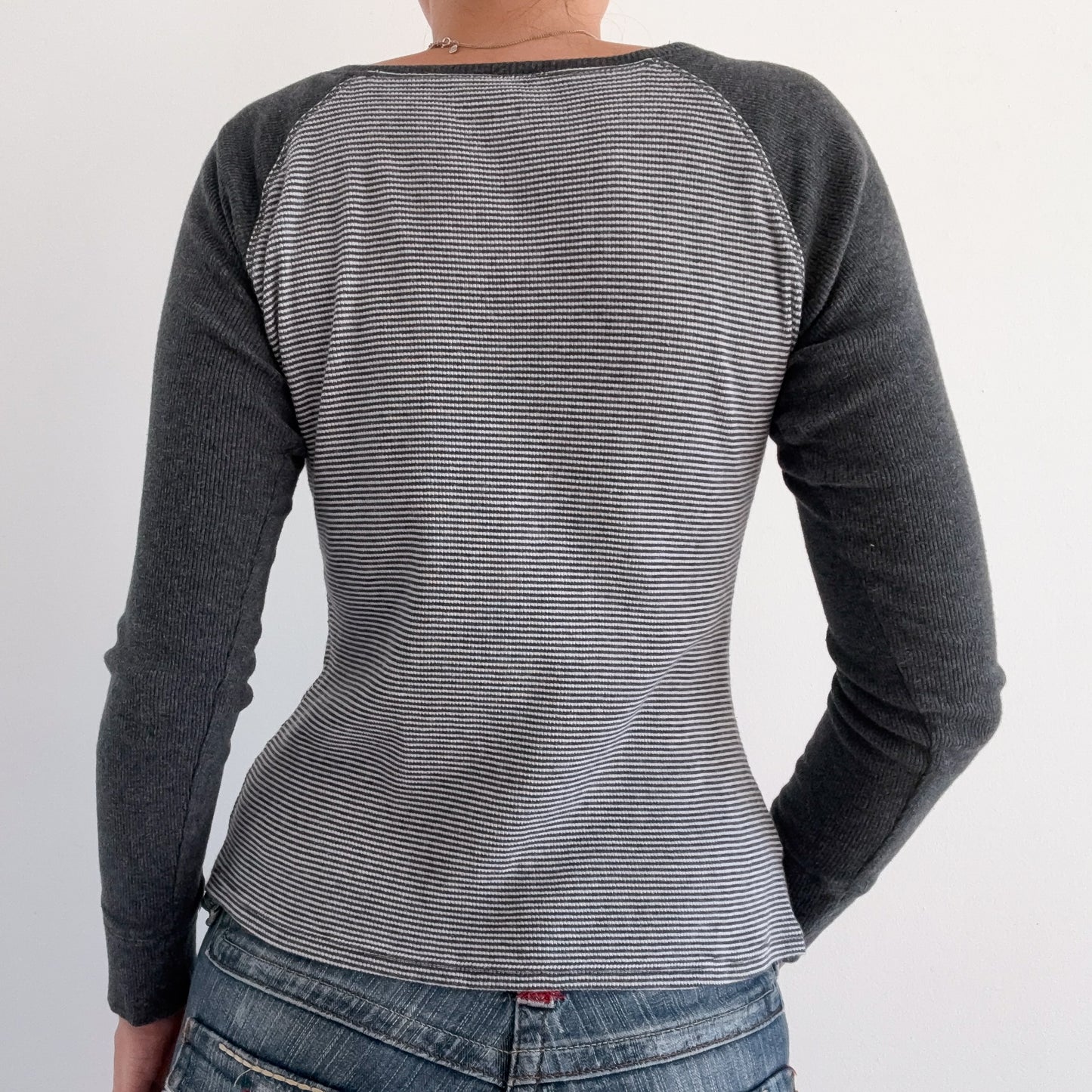 Y2K Grey Striped Thermal Long Sleeve / SZ M
