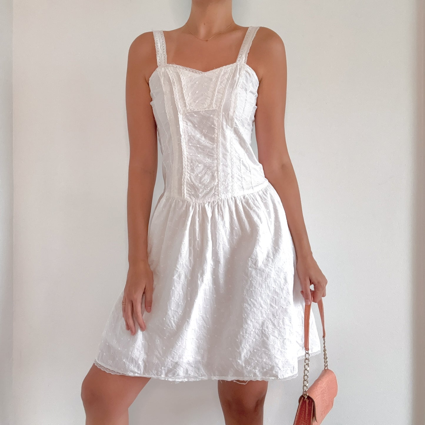 Y2K White Cotton Eyelet Lace Up Dress / SZ M