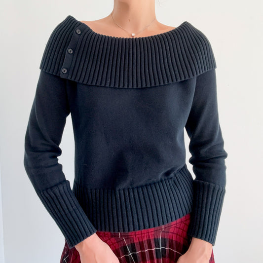 Y2K Black Foldover Knit Sweater / SZ M