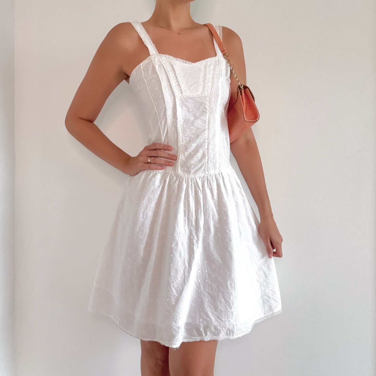 Y2K White Cotton Eyelet Lace Up Dress / SZ M