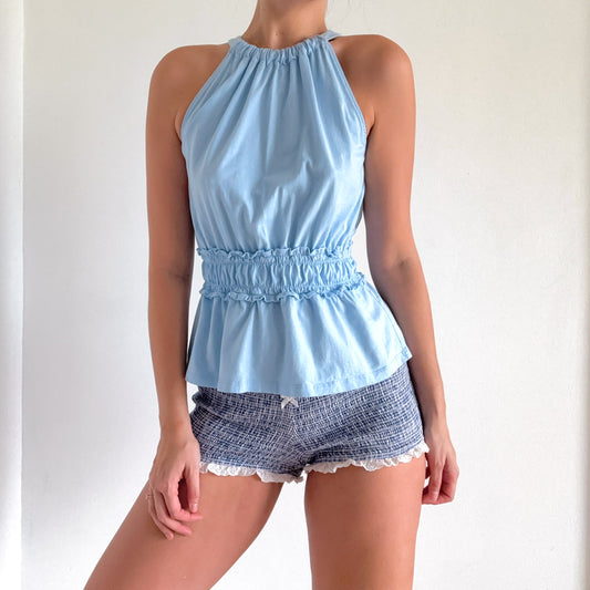 Y2K Baby Blue Cotton High Neck Top / SZ M
