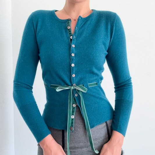 Y2K Peacock Wool Knit Ribbon Cardigan / SZ S/M