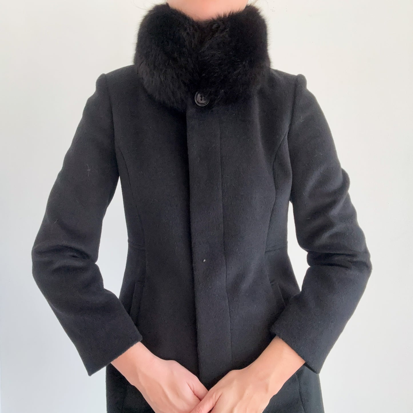 90's Black Wool Fur Coat / SZ S