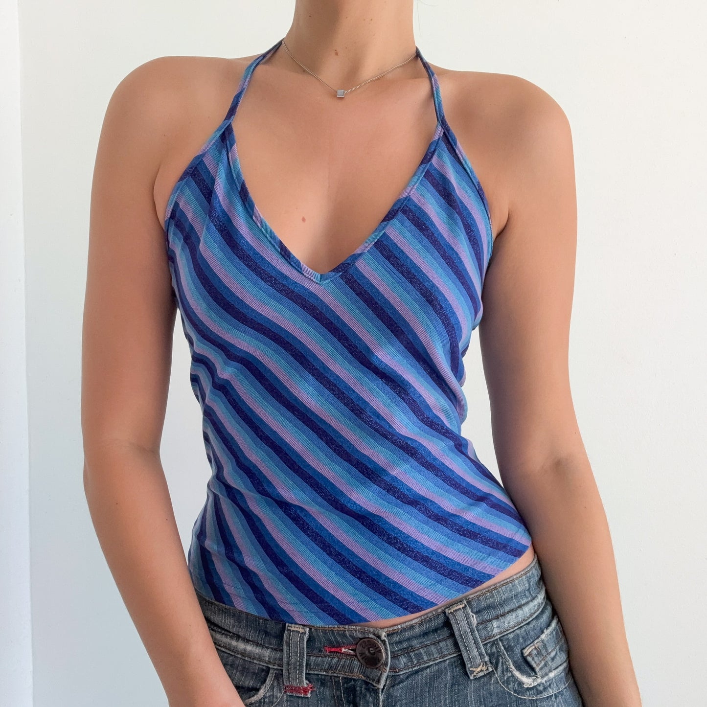 Y2K Blue & Pink Sparkle Striped Halter Top / SZ M