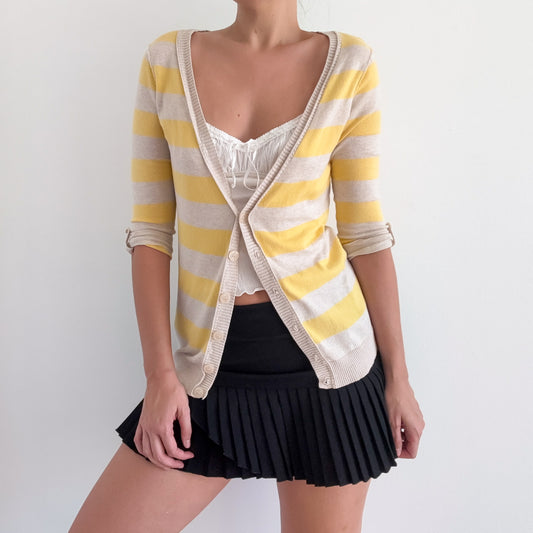 Y2K Oatmeal & Yellow Striped Knit Cardigan / SZ S-M