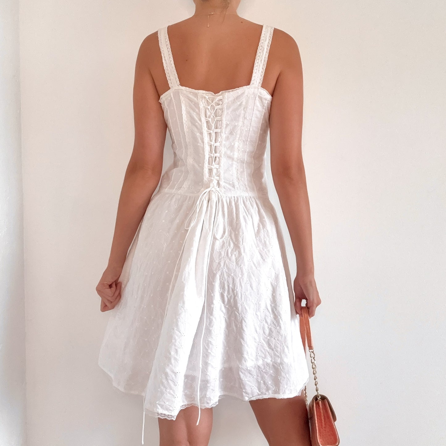 Y2K White Cotton Eyelet Lace Up Dress / SZ M