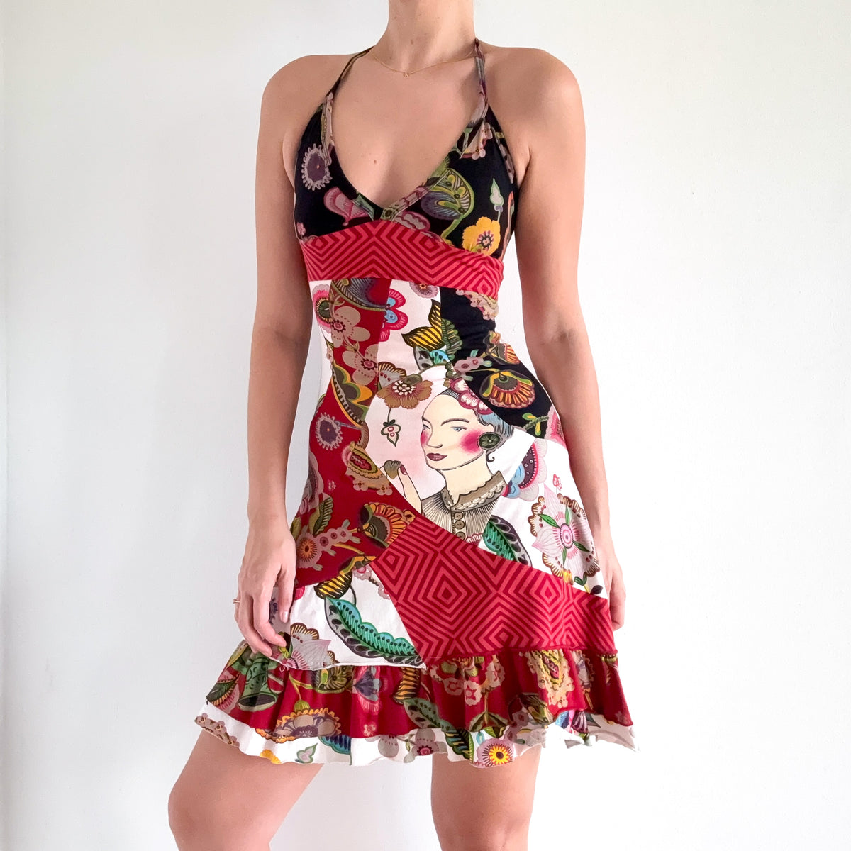 Y2K Desigual Red Multicolor Halter Mini Dress / SZ XS-S