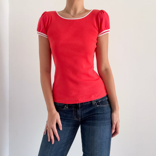 Y2K Tomato Red Puff Sleeve Tee / SZ M