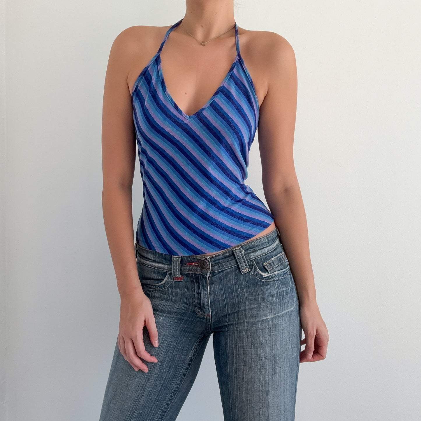 Y2K Blue & Pink Sparkle Striped Halter Top / SZ M