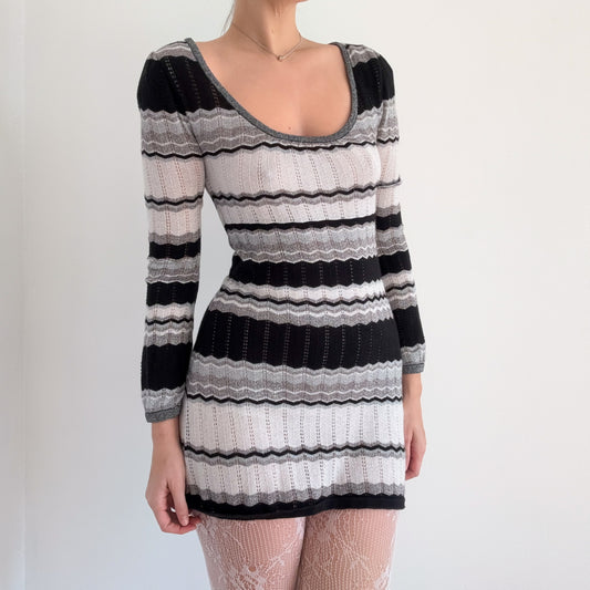 Y2K Silver & Black Chevron Knit Mini Dress / SZ S