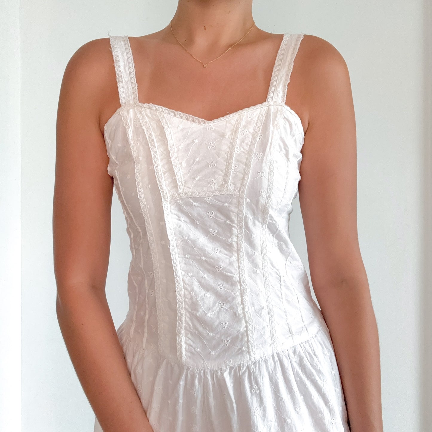 Y2K White Cotton Eyelet Lace Up Dress / SZ M