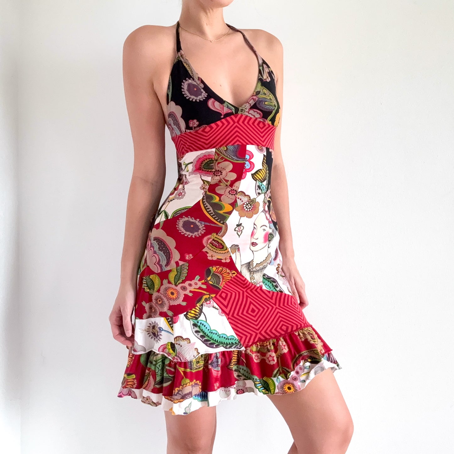 Y2K Desigual Red Multicolor Halter Mini Dress / SZ XS-S