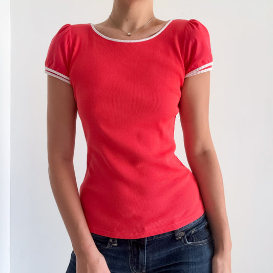 Y2K Tomato Red Puff Sleeve Tee / SZ M