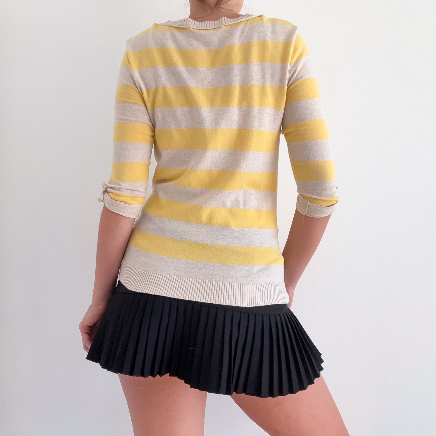 Y2K Oatmeal & Yellow Striped Knit Cardigan / SZ S-M