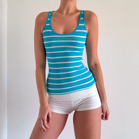 Y2k Cyan Striped Cotton Tank / SZ XS-S