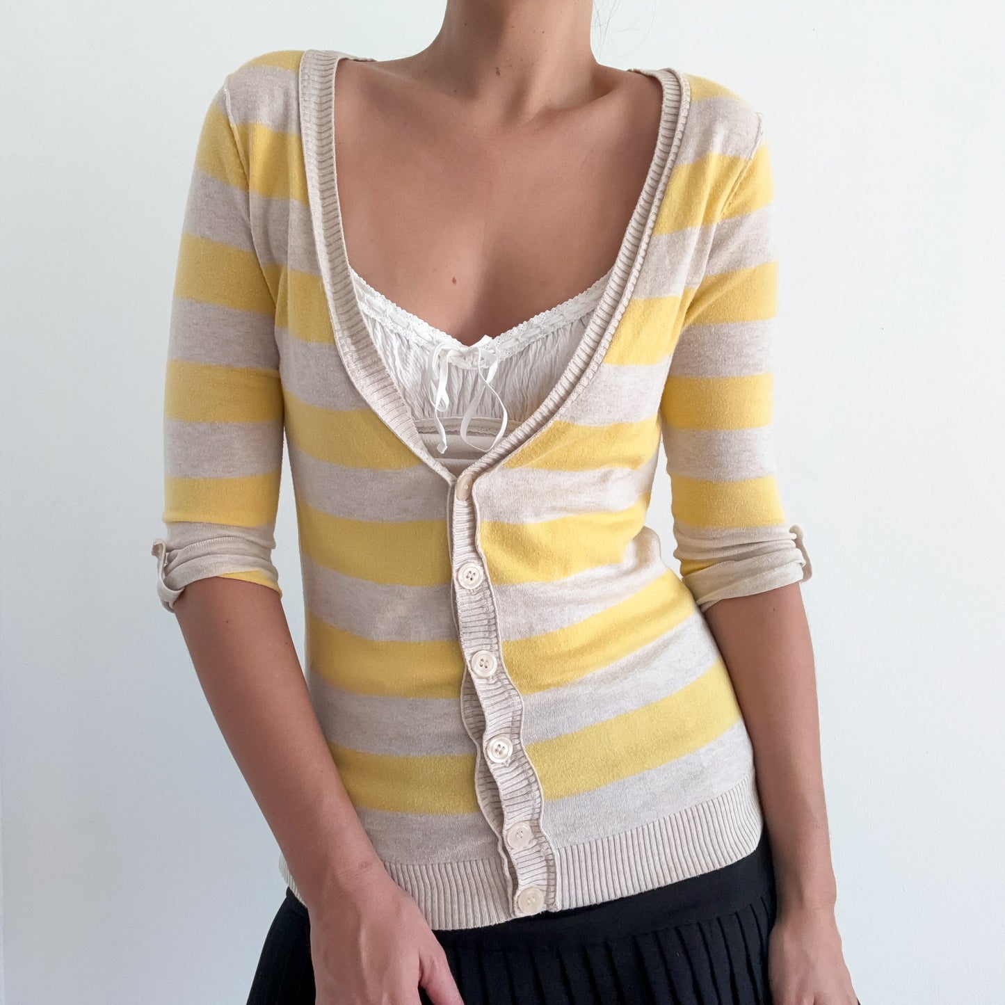 Y2K Oatmeal & Yellow Striped Knit Cardigan / SZ S-M