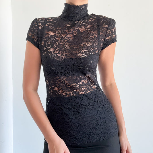 Y2K Black Lace Mock Neck Top / SZ S-M