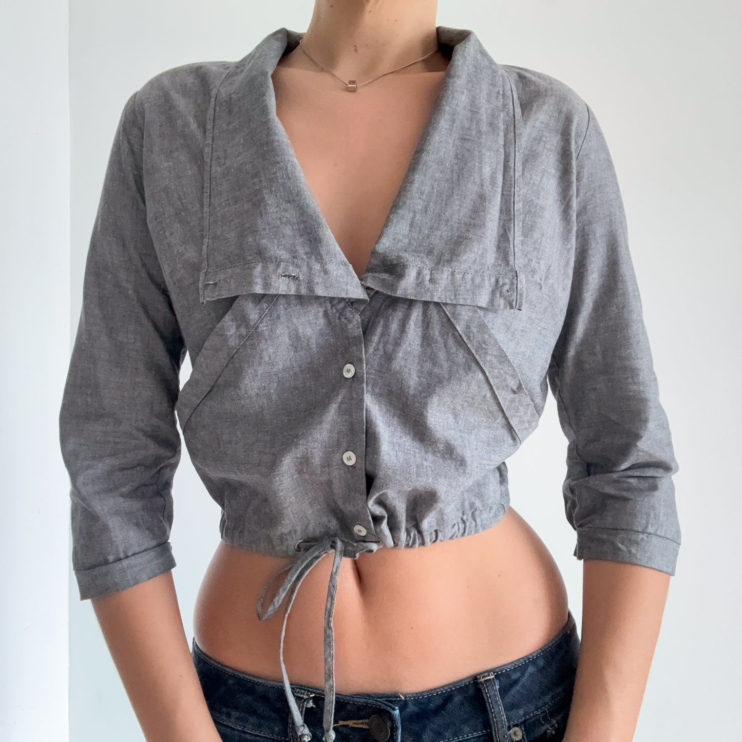 Y2K Grey Chambray Cotton Blouse / SZ M