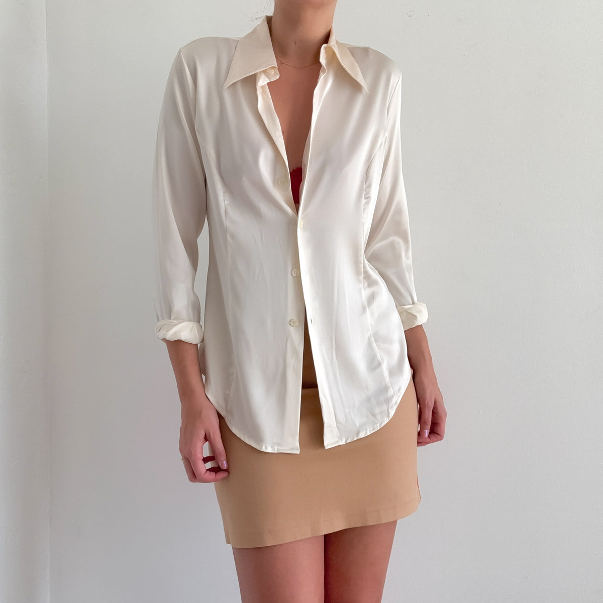 90's Ivory Satin Button Up Blouse / SZ S/M