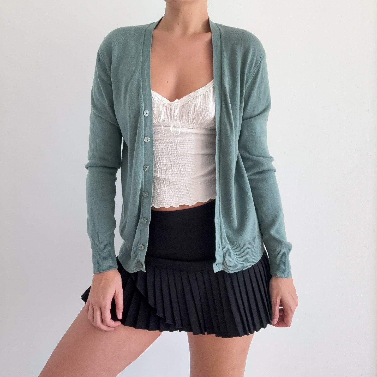 Y2K Soft Teal Silk Cashmere Knit Cardigan / SZ M