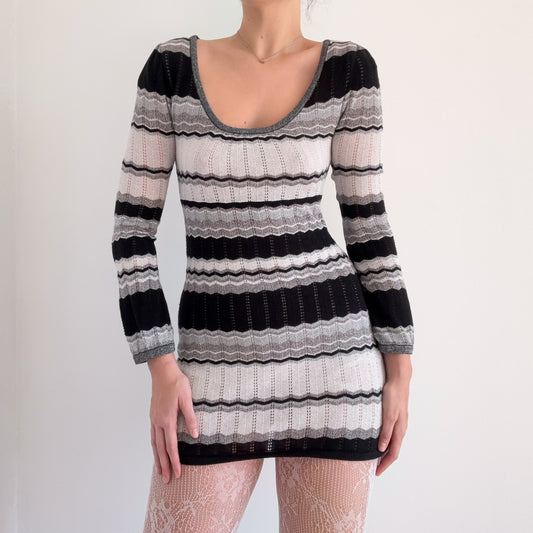 Y2K Silver & Black Chevron Knit Mini Dress / SZ S