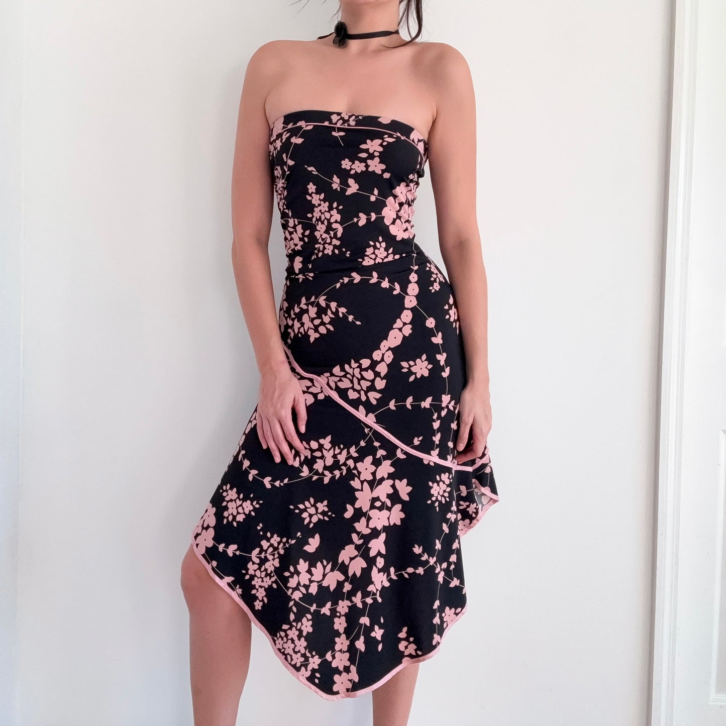 Y2K Black & Pink Floral Tube Midi Dress / SZ M