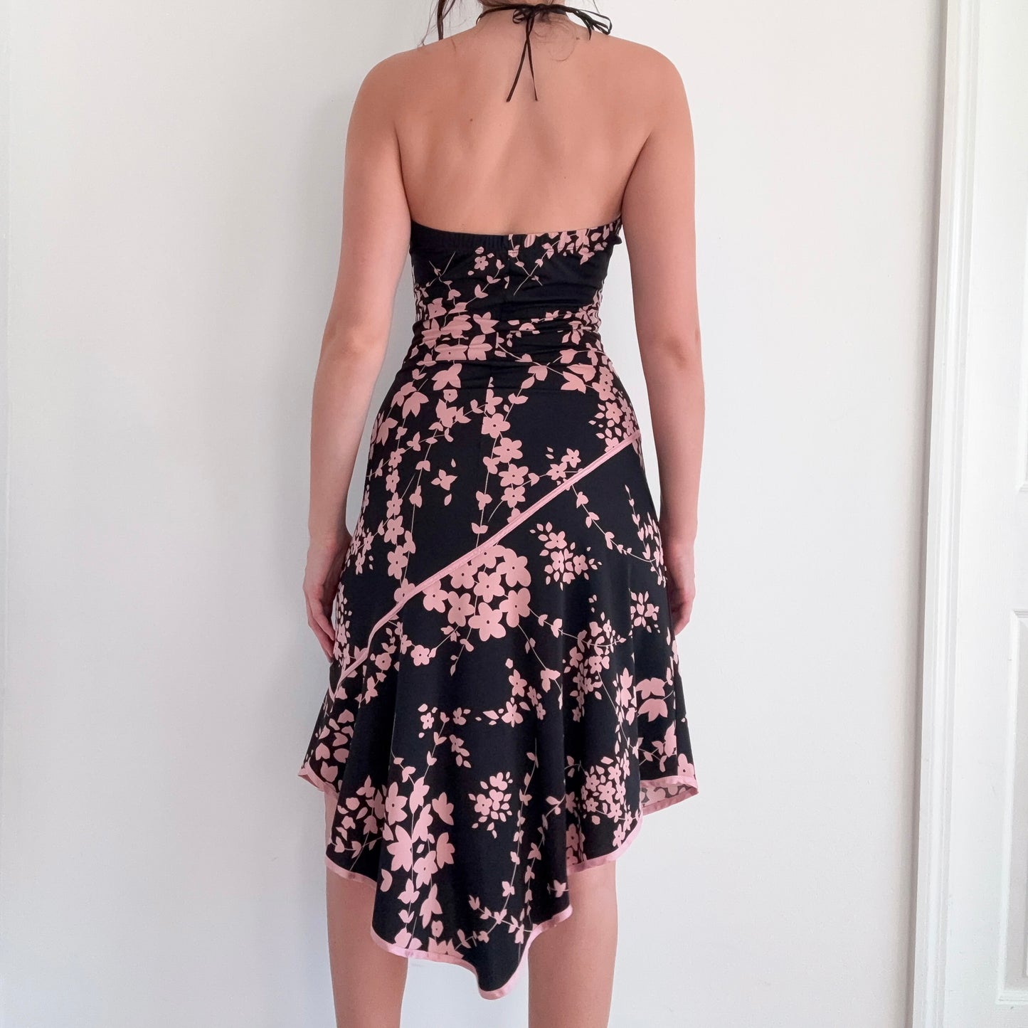 Y2K Black & Pink Floral Tube Midi Dress / SZ M