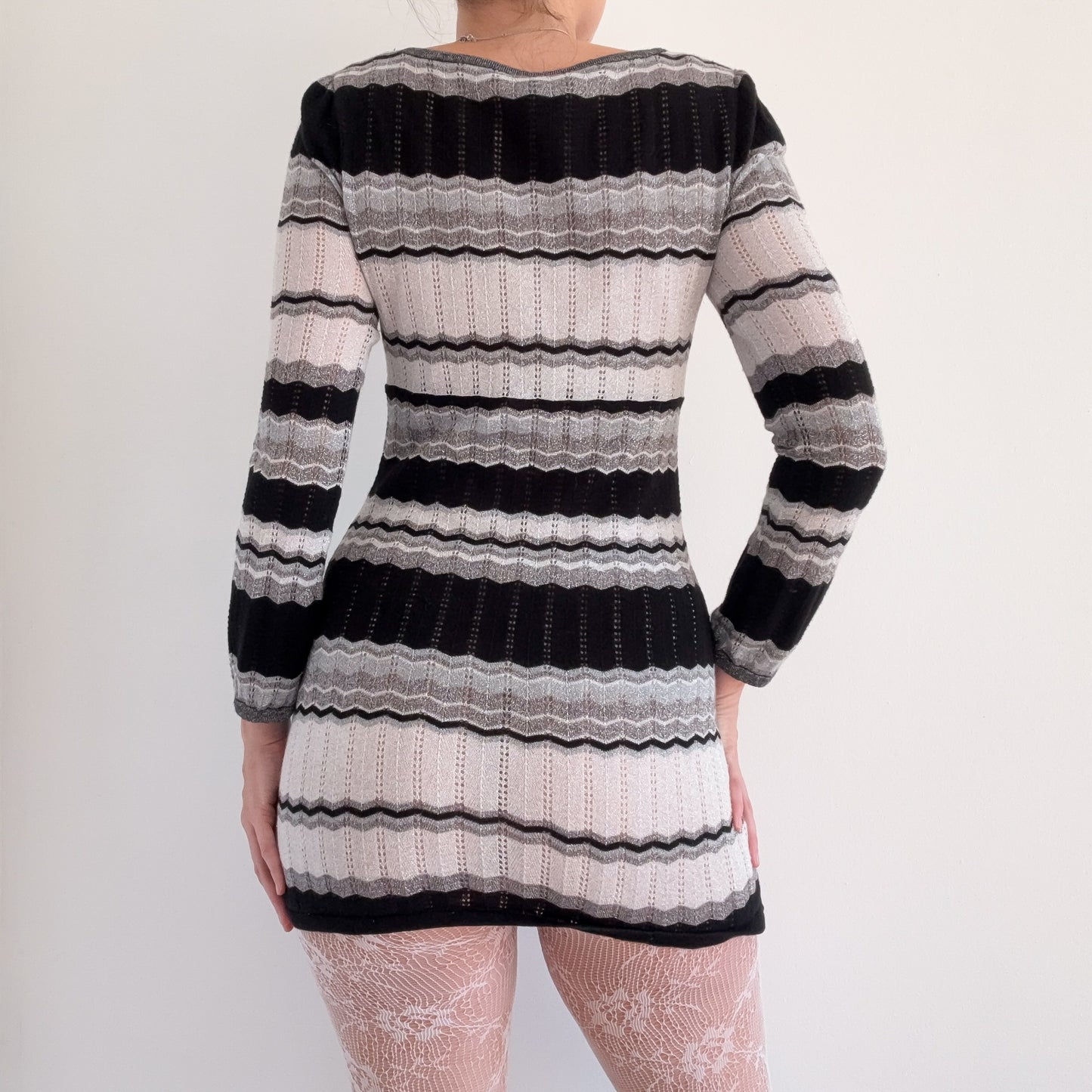Y2K Silver & Black Chevron Knit Mini Dress / SZ S