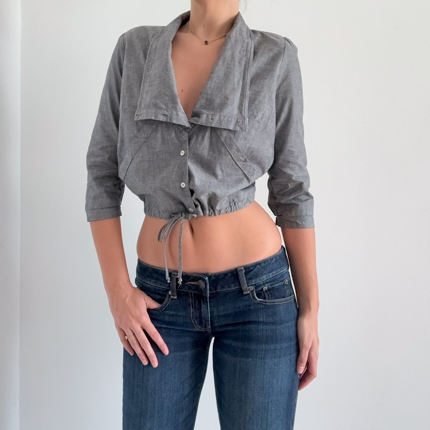 Y2K Grey Chambray Cotton Blouse / SZ M