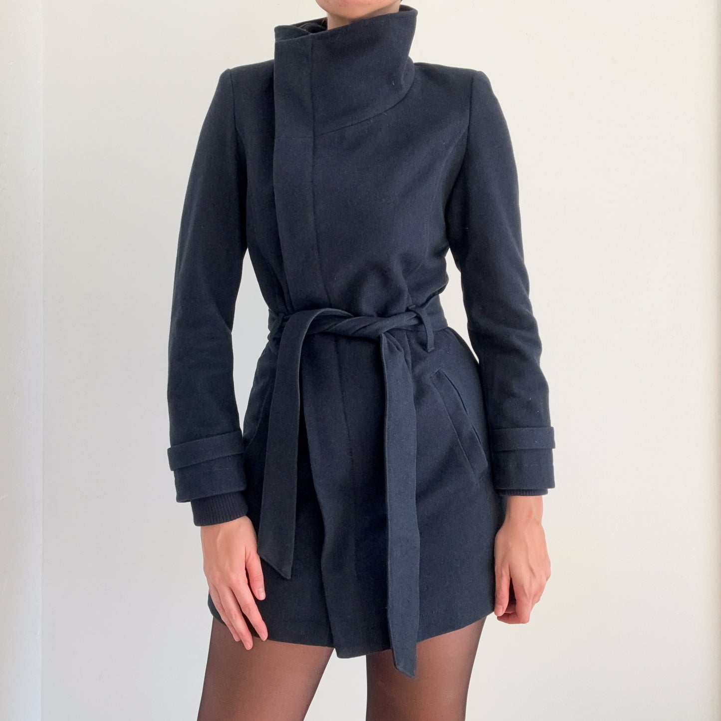 European Dark Navy Wool High Neck Coat / SZ 6