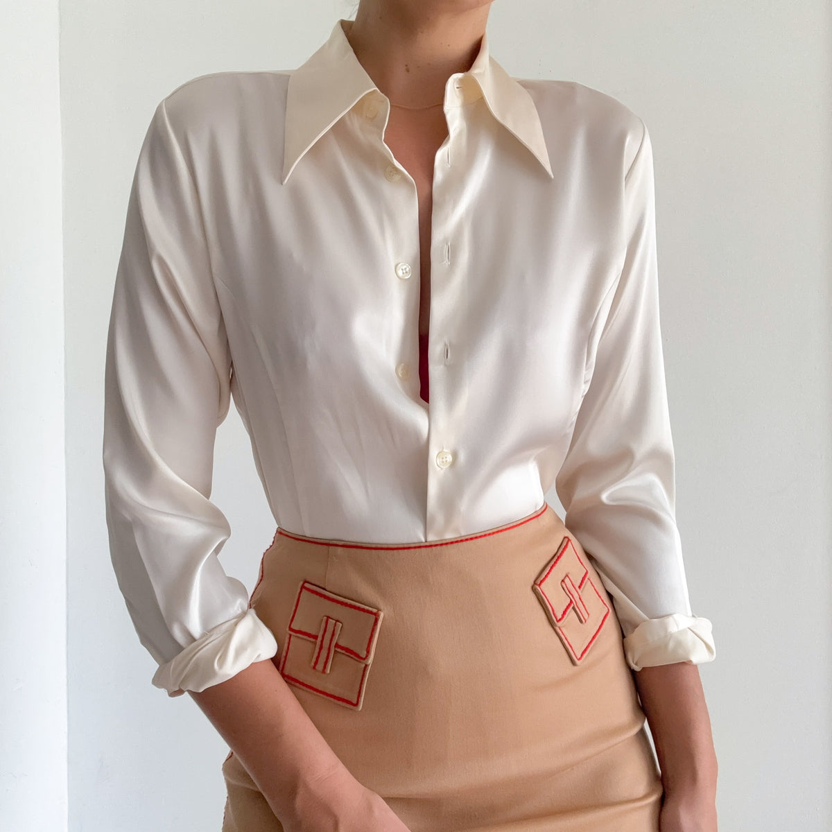 90's Ivory Satin Button Up Blouse / SZ S/M
