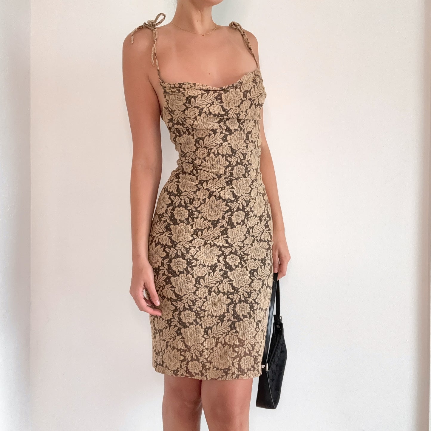90's Ecru & Black Lace Print Dress / SZ S-M