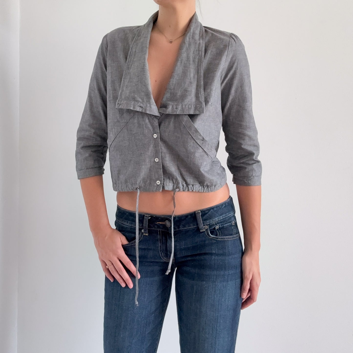 Y2K Grey Chambray Cotton Blouse / SZ M