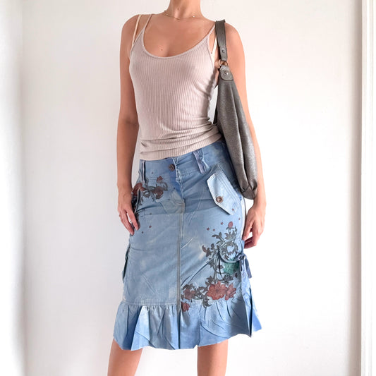 Y2K Blue Tattoo Print Cargo Midi Skirt / SZ M