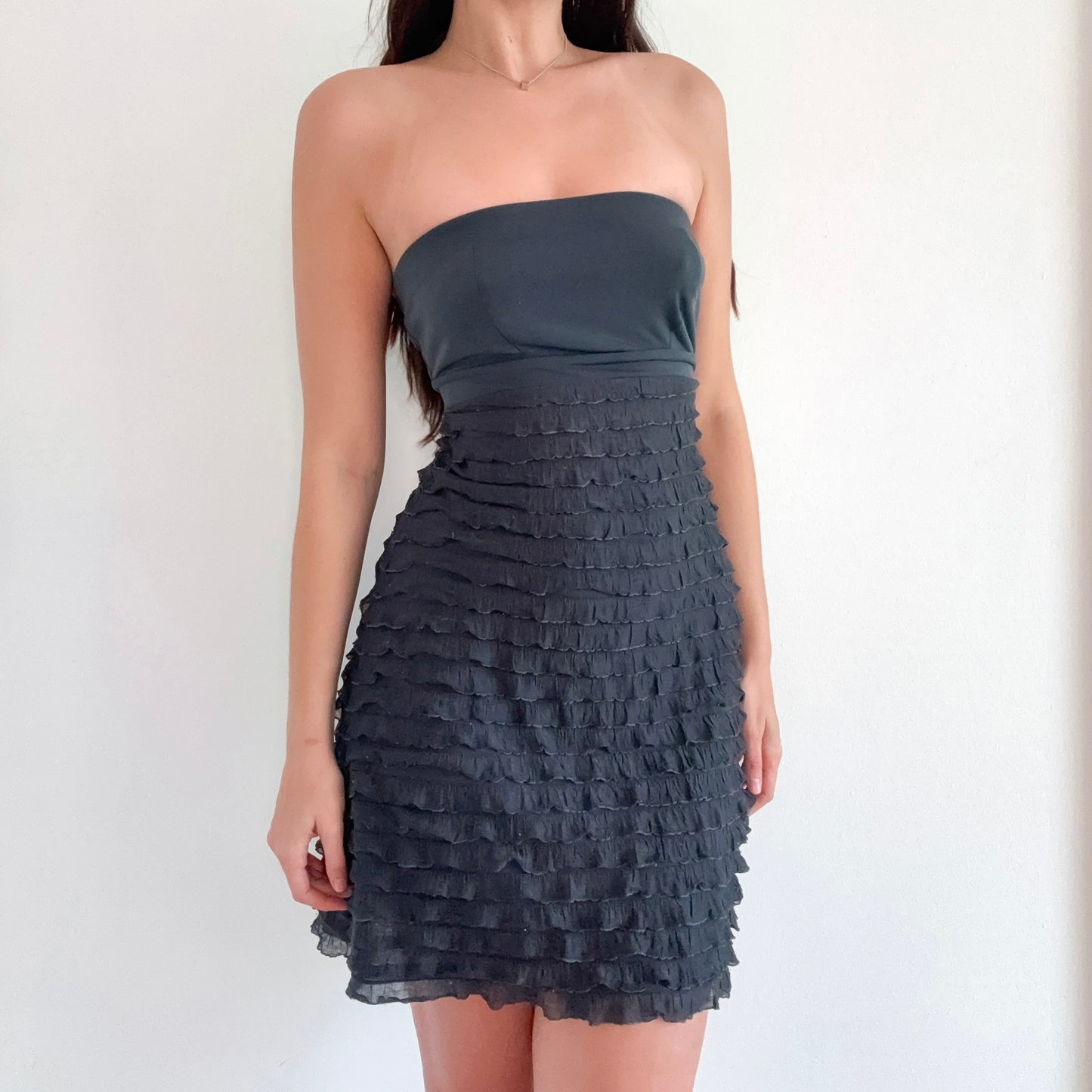 Y2K Greenish Grey Ruffle Tube Mini Dress / SZ S
