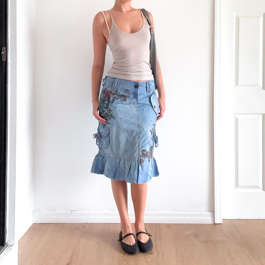 Y2K Blue Tattoo Print Cargo Midi Skirt / SZ M