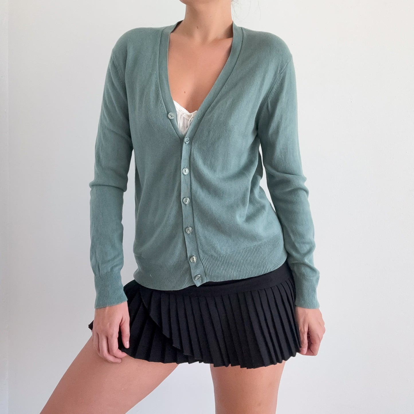 Y2K Soft Teal Silk Cashmere Knit Cardigan / SZ M