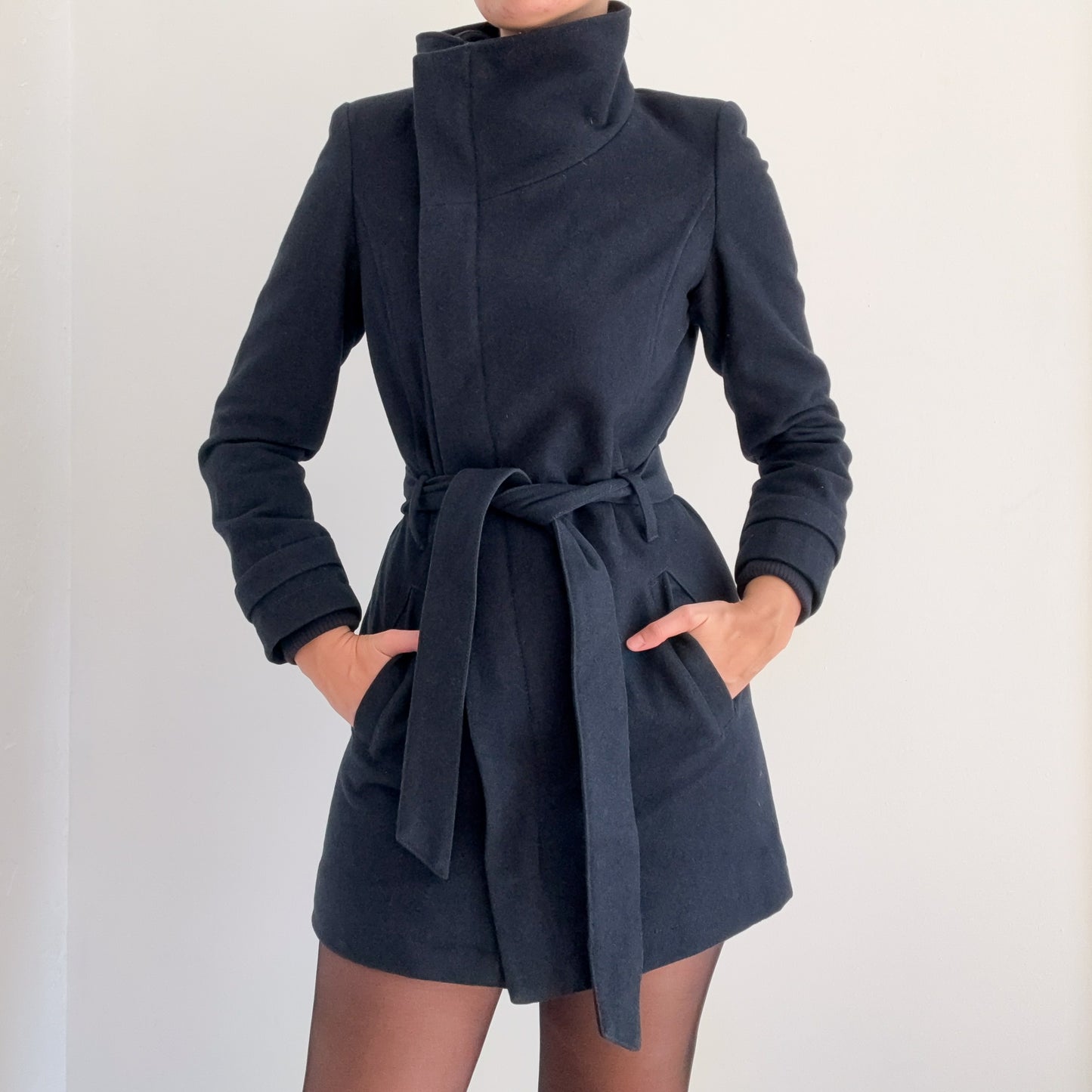 European Dark Navy Wool High Neck Coat / SZ 6