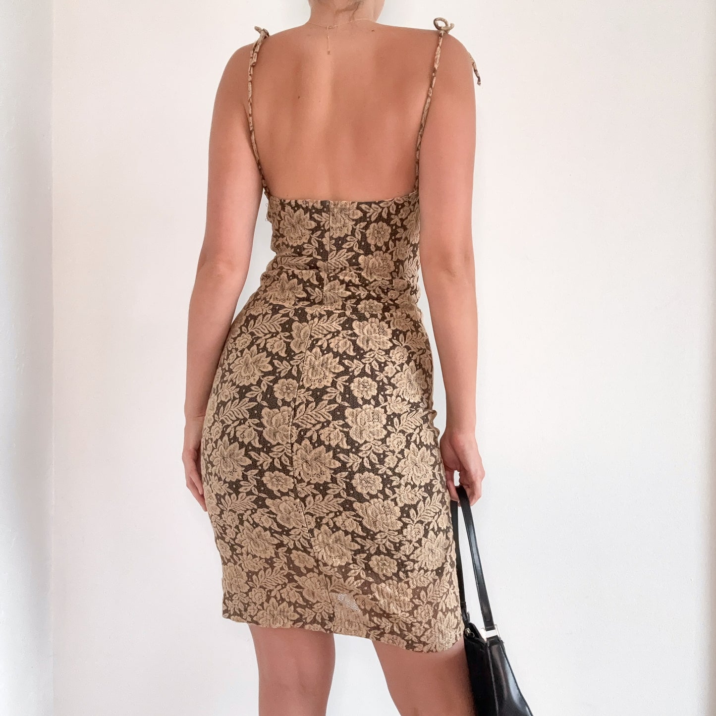 90's Ecru & Black Lace Print Dress / SZ S-M