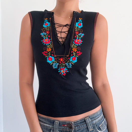 Y2K Black Embroidered Flower Lace Up Top / SZ S