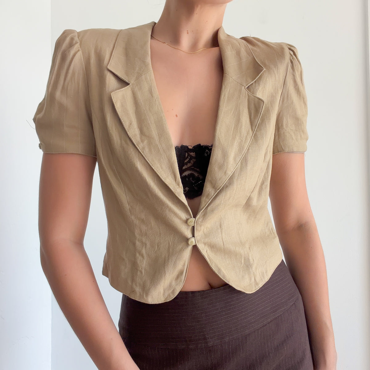 Y2K Camel Pinstripe Short Sleeve Blazer / SZ 8