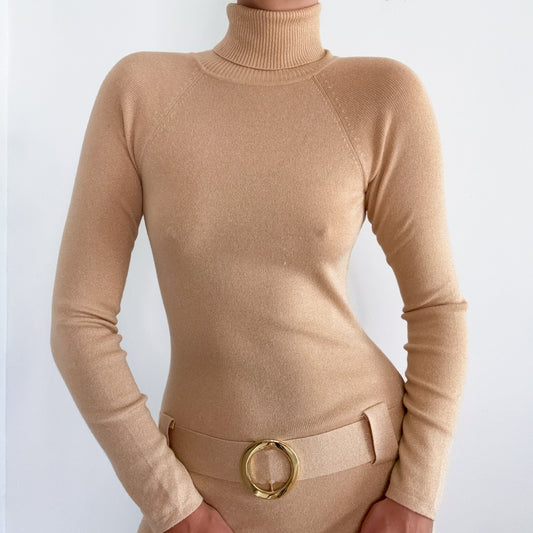 Y2K Gold Sparkle Knit Belted Mini Dress / SZ S