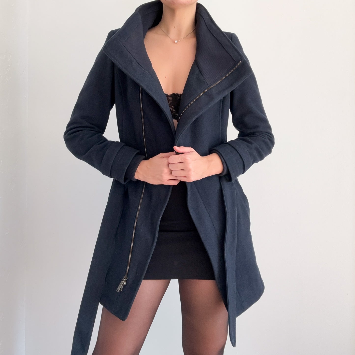 European Dark Navy Wool High Neck Coat / SZ 6