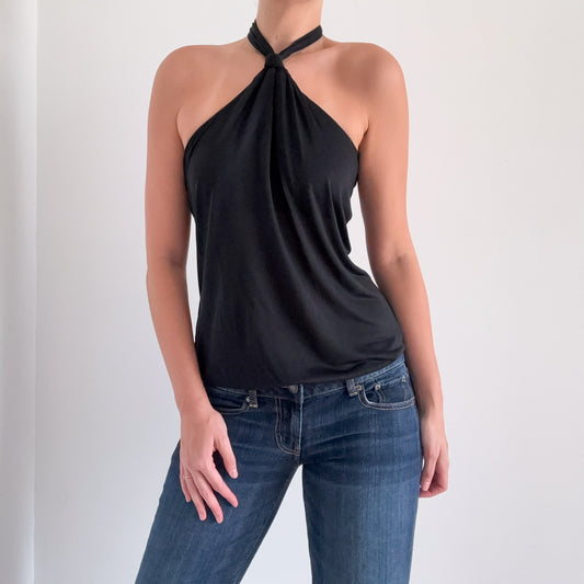 Y2K Black Silk Slouchy Halter Top / SZ M