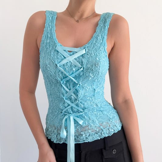Y2K Aqua Lace Corset Tie Top / SZ S-M