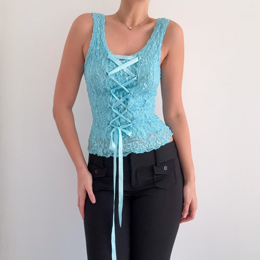 Y2K Aqua Lace Corset Tie Top / SZ S-M