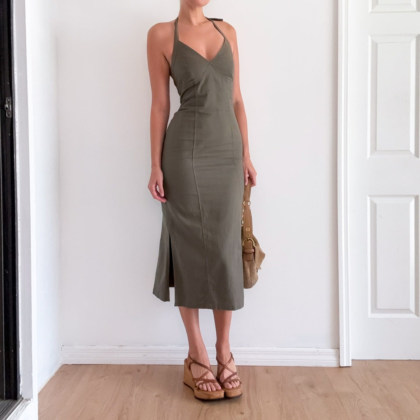 Y2K Army Green Linen Cotton Dress / SZ 4