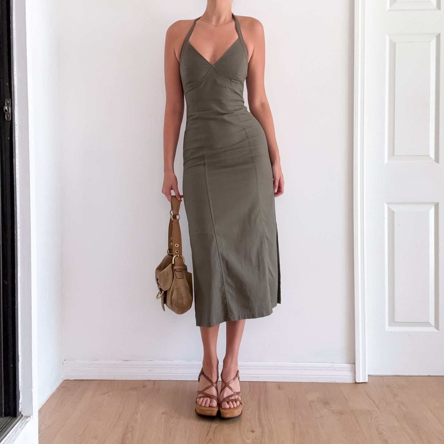 Y2K Army Green Linen Cotton Dress / SZ 4