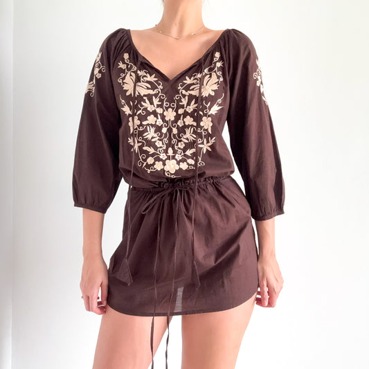 Y2K Brown Embroidered Peasant Dress / SZ S