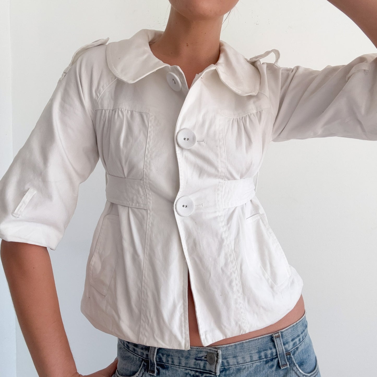 Y2K White Cotton Cropped Peacoat / SZ S